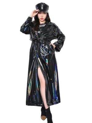 Women's Spring Reflective Black PVC Faux Leather Trench Coat Y2K Streetwear Maxi Jackets