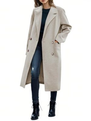 Womens Trench Coat Winter Lapel Double Breasted Long Pea Coat Casual Work Office Overcoat with Pocket