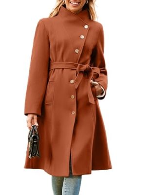 Womens Winter Coat 2024 Fall Casual Notch Lapel Single Breasted Belted Midi Peacoat with Pockets