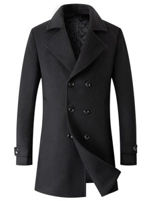 Men's Woolen Trench Coat Regular Fit Double Breasted Wool Blend Jacket Winter Pea Coat Businesss Overcoat