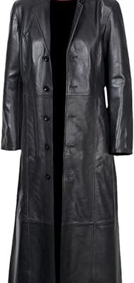 Mens Real Lambskin Black Leather Trench Coat - Full Length Overcoat Sheepskin Duster Coats For Men