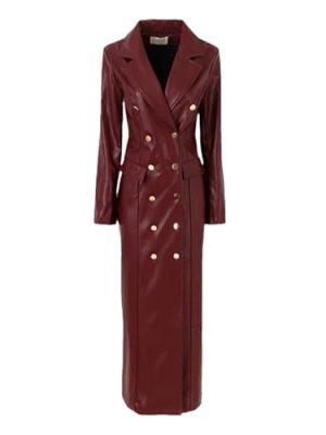 Women's Spring Autumn Extra Long Black Faux Leather Trench Coat Double Breasted Luxury British Windbreaker