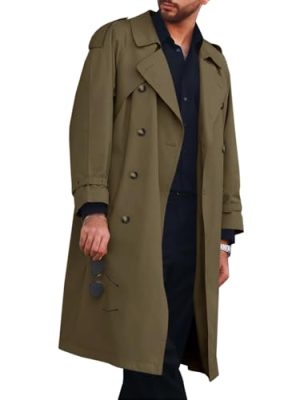 Mens Trench Coat Double Breasted Long Jacket Casual Windbreaker Notched Lapel Belted Overcoat