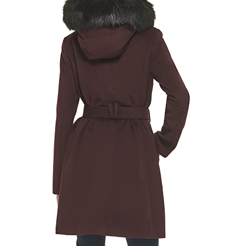 Women's Hooded Coat Slick Wool with Detatchable Faux Fur Trim