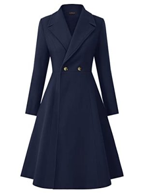 Women's Pea Coat Double Breasted A Line Long Trench Coat Winter Dress Coat with Pockets