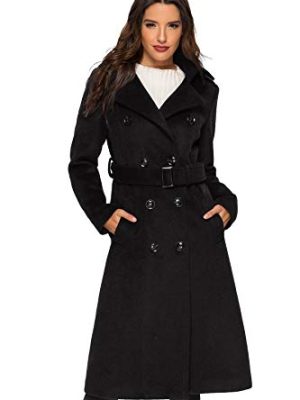 Womens Wool Coat Double Breasted Pea Coat Winter Long Trench Coat with Belt