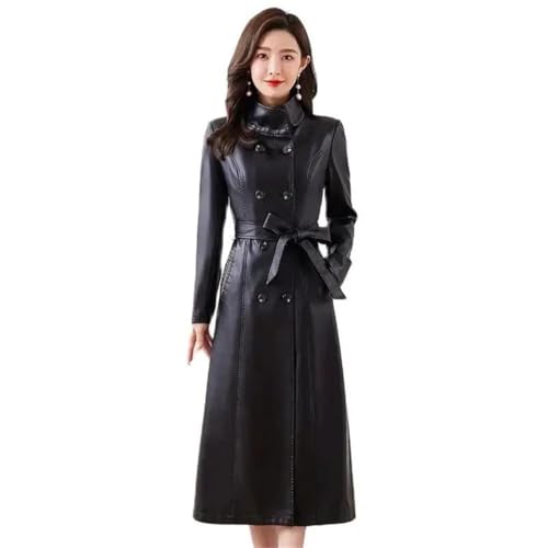 Women Trenchcoats Double-Breasted Belt Slim Outerwear Leather Trench Coat