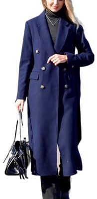 Women's Wool Long Overcoat Double Breasted Classic Spring Autumn Winter Coat with Back Vent Inner Pockets Professional