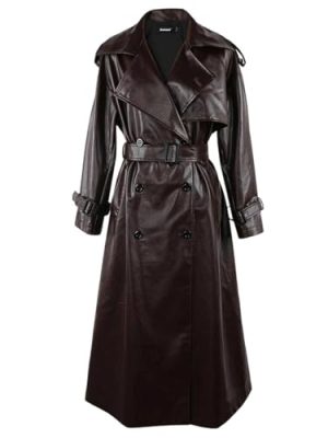 Women's Spring Belted Double-Breasted Loose Korean-Style Long Leather Trench Coat