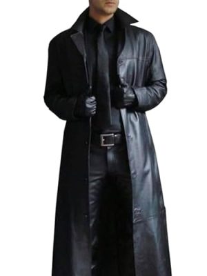 Mens Long Leather Trench Coat Full Length Motorcycle Leather Jakcet Fashion Slim Fit Punk Jacket Overcoat