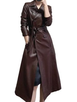 Women's Belted Double-Breasted Long Burgundy Soft Faux Leather Trench Coat