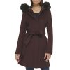 Women's Hooded Coat Slick Wool with Detatchable Faux Fur Trim