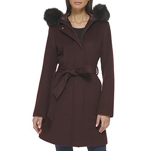 Women's Hooded Coat Slick Wool with Detatchable Faux Fur Trim