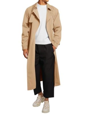 Mens Trench Coat Double Breasted Belted Windbreaker Jackets Lapel Lightweight Long Jacket Casual Overcoat