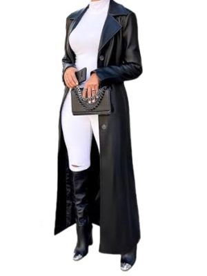 Women Long Leather Jacket Long Sleeve Button Up Faux Leather Trench Coat Trendy Motorcycle Coats
