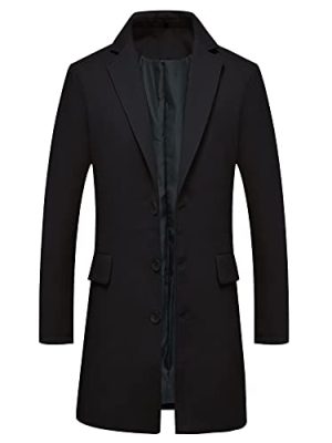 Mens Wool Blend Trench Coat Single Breasted Notch Lapel Walker Mid-Length Classic Pea Top Coat