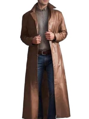 Men's Leather Long Trench Coat Faux Leather Vintage Full Length Overcoat Fashion Open Front Cardigan Jackets