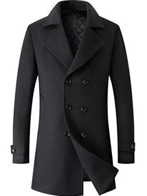 Men's Classic Double Breasted Wool Blend Pea Coat Mid Long Trench Coat