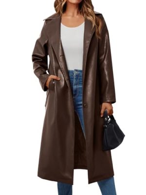 Womens Long Leather Jackets Trench Coat Blazer Lapel Faux Open Front with Belt