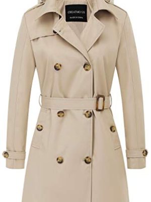 Women's Trench Coat Double-Breasted Classic Lapel Overcoat Belted Slim Outerwear Coat with Detachable Hood