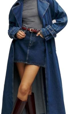 Women's Denim Trench Coat Double Breasted Jean Midi Overcoat Classic Lapel Long Jackets With Belt