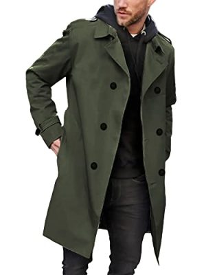Mens Double Breasted Trench Coat Notched Lapel Casual Slim Fit Long Windbreaker Overcoat