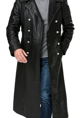 Mens Double Breasted Black Leather Trench Coat - Military Officer Uniform Vintage Black Jacket Coat Men