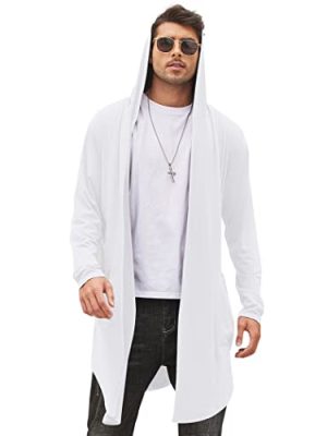 Men's Long Hooded Cardigan Shawl Collar Lightweight Open Front Drape Cape Overcoat with Pockets