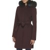 Women's Hooded Coat Slick Wool with Detatchable Faux Fur Trim