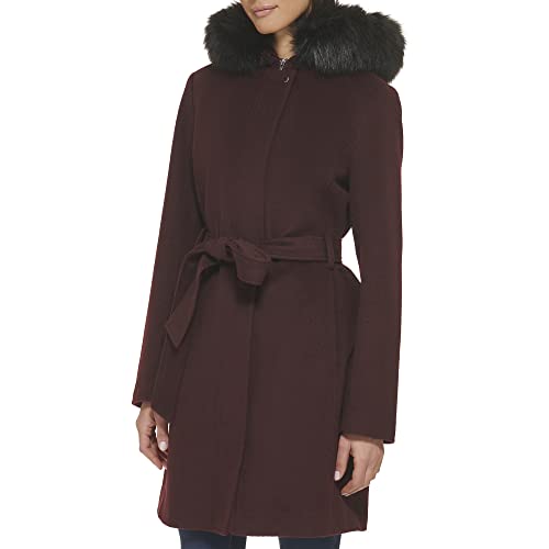 Women's Hooded Coat Slick Wool with Detatchable Faux Fur Trim