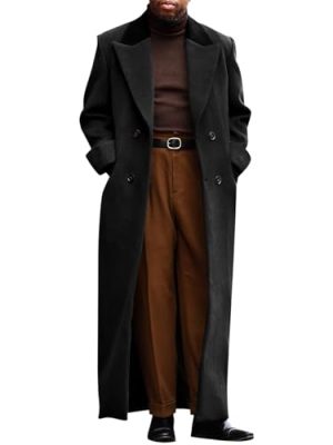 Mens Full Length Trench Coat Notched Lapel Long Jacket Double Breasted Classic Winter Overcoat