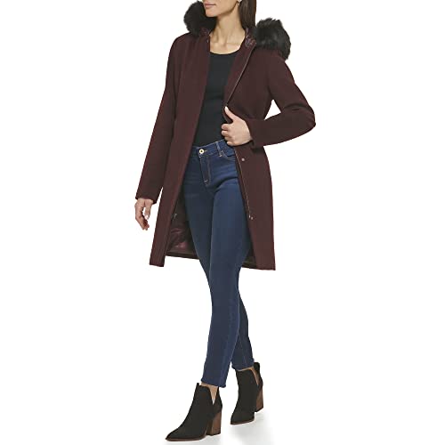 Women's Hooded Coat Slick Wool with Detatchable Faux Fur Trim