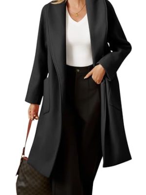 Womens Open Front Pea Coats Classic Lapel Long Trench Coats Loose Fall Winter Outwear with Pockets