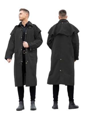 Unisex Western Oilskin Waterproof Duster Coat, Workwear Black Brown Long Rain Coat With Brass Button And Pockets