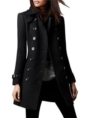 Womens Mid Long Wool Blend Coats Notched Lapel Collar Double Breasted Coat Fall Winter Jackets Overcoat