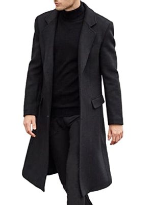 Men's Casual Trench Coat Slim Fit Notched Collar Long Jacket Overcoat Single Breasted Pea Coat wih Pockets