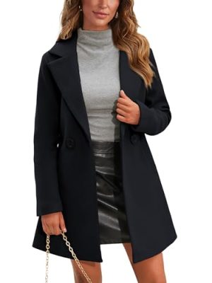 Women's Wool Pea Coat Notched Collar Double Breasted Midi Long Trench Coat Outwear