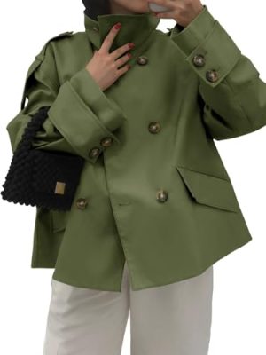 Womens Short Trench Coat Oversized Double Breasted Stand Collar Cropped Jacket Fall Casual Work Outerwear