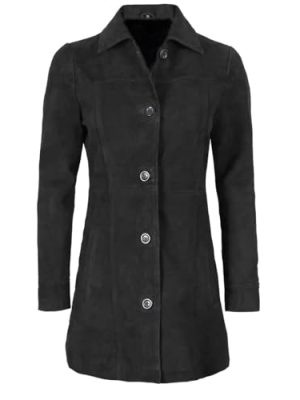 Women's Classic Button-Front Suede Leather Coat, Long Sleeve, Black | Women's Trench Style Leather Coat