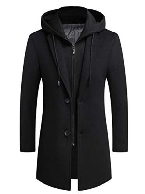 Men's Wool Coat Hoodie Long Trench Coat Cotton Casual Woollen Overcoat Jacket