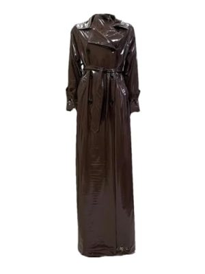 Women's Spring Autumn Thin Flowy Reflective Patent Faux Leather Trench Coat Floor Length Overcoat