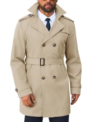 Men's Trench Coat Double Breasted Notched Lapel Long Jacket Belted Windbreaker Casual Slim Fit Overcoat