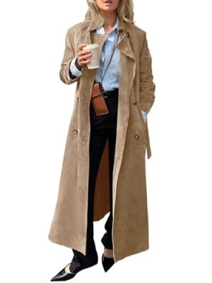 Womens Long Trench Coat Fall Faux Suede Jackets Double Breasted Lapel Pea Coat with Belt