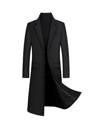 Men's Winter Fall Wool Blend Trench Coat Pea Coat Lapel Collar Single Breasted Lined Warm Jacket Long Overcoat