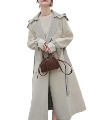 Women's Contrast Color Spring Long-Sleeved Double-Breasted Belted Long Trench Coat