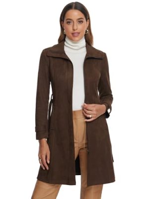 Faux Suede Coat for Women's Belted Long Zipper Jacket