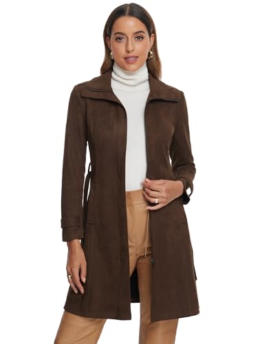 Faux Suede Coat for Women's Belted Long Zipper Jacket