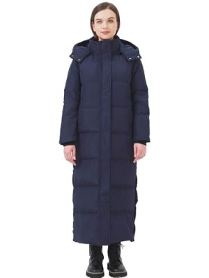 Women's Extra Long Thickened Down Jacket with Thermal Lining,Full Length Winter Puffer Down Coat with Hem Slit
