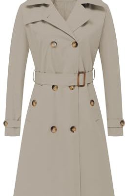 Women's Long Trench Coat Double-Breasted Classic Lapel Overcoat Belted Slim Outerwear Coat with Detachable Hood