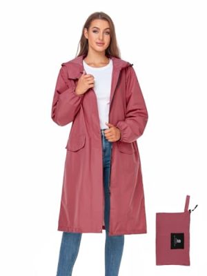 Women's Long Rain Jacket Waterproof Lightweight Hooded Raincoat Packable Knee Length Rain coat